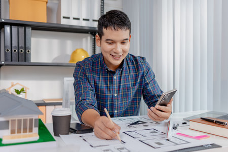 A young male architect is working with blueprints at his desk, using rulers and drawing tools to...