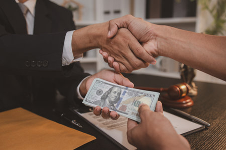 A professional lawyer discussing legal matters with a client in an office, providing legal advice and document review services, symbolizing justice, trust, and professional consultation.の写真素材