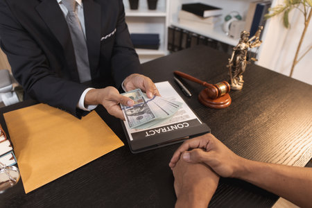 An act of bribery showing hands exchanging cash in a law office environment, symbolizing corruption, fraud, and moral issues in legal or business dealings.の写真素材
