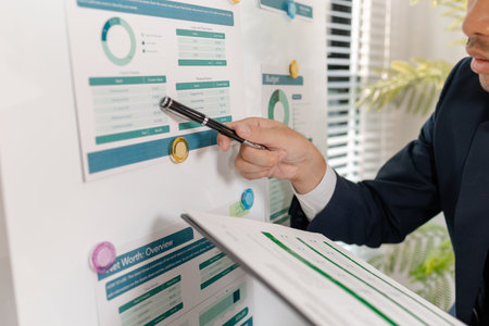 A professional businessman presenting financial analysis on charts, discussing marketing strategies and company goals to drive profitability, growth, and sustainable business development.の写真素材