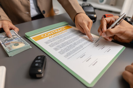 A business meeting between a car dealer and a client discussing vehicle purchase agreement. The contract is being reviewed and explained before signing, representing trust and cooperation.の写真素材