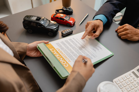 A business meeting between a car dealer and a client discussing vehicle purchase agreement. The contract is being reviewed and explained before signing, representing trust and cooperation.の写真素材