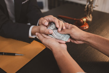 A professional lawyer discussing legal matters with a client in an office, providing legal advice and document review services, symbolizing justice, trust, and professional consultation.の写真素材
