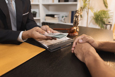 An unethical act of bribery showing hands exchanging cash in a law office environment, symbolizing corruption, fraud, and moral issues in legal or business dealings.の写真素材