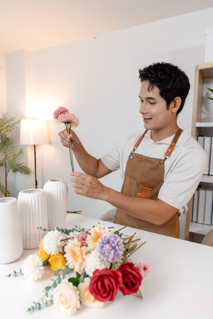 A smiling man wearing an apron arranges colorful flowers in a vase on a table in a cozy room. He appears focused and content while creating a beautiful floral arrangement as part of his work.の写真素材