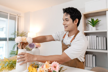 A smiling man wearing an apron arranges colorful flowers in a vase on a table in a cozy room. He appears focused and content while creating a beautiful floral arrangement as part of his work.の写真素材