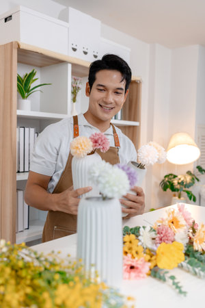 A smiling man wearing an apron arranges colorful flowers in a vase on a table in a cozy room. He appears focused and content while creating a beautiful floral arrangement as part of his work.の写真素材