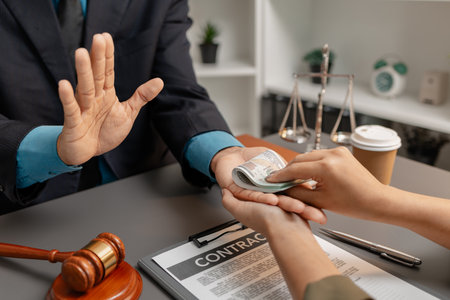 A lawyer refuses to accept money from a client attempting to offer a bribe in an office. The image symbolizes ethics, honesty, and anti-corruption in the legal and business sectors.の写真素材