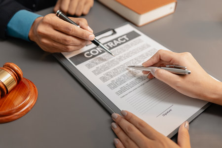 A male lawyer in a suit discusses contract details with a female client, pointing to the signature...