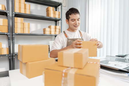 Ecommerce concept with startup entrepreneur handling goods, showing online store operations, digital...