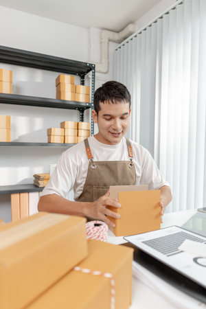 Ecommerce concept with startup entrepreneur handling goods, showing online store operations, digital...