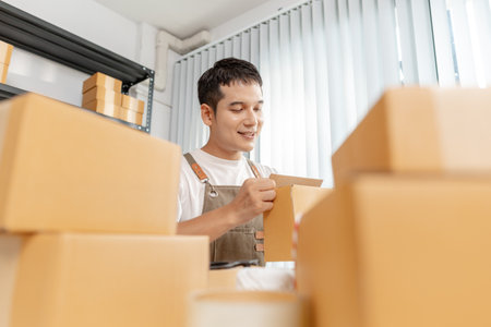 Ecommerce concept with startup entrepreneur handling goods, showing online store operations, digital...