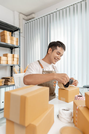 Ecommerce concept with startup entrepreneur handling goods, showing online store operations, digital...