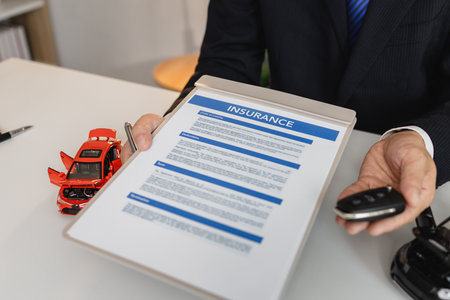 A businessman in a suit is presenting car insurance and contract documents with miniature car models on the desk, symbolizing vehicle insurance, financial planning, and legal agreements.の写真素材
