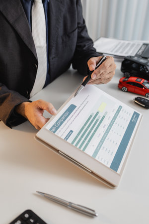A businessman in a suit is calculating loan details, reviewing financial documents, and holding car keys near a calculator and toy car models, representing auto loan and finance services.の写真素材