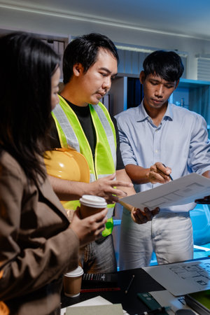 A diverse team of professionals shares ideas about architectural layouts and structural concepts, focusing on teamwork, creativity, and precision in modern engineering design discussions.の写真素材