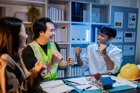 Architects and engineers work together in an office to review blueprints, exchange ideas, and refine their building plans for a contemporary construction project in an urban setting.の写真素材