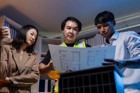 A diverse team of professionals shares ideas about architectural layouts and structural concepts,...