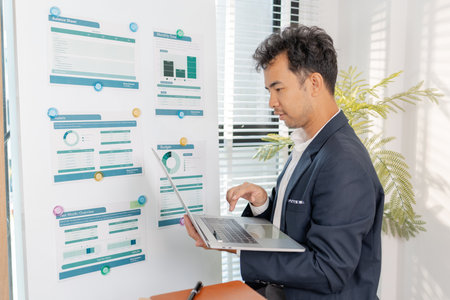 A business analyst examining charts and statistics on a whiteboard, using data-driven insights to...