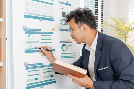 A professional businessman presenting financial analysis on charts, discussing marketing strategies and company goals to drive profitability, growth, and sustainable business development.の写真素材