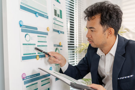 A professional businessman presenting financial analysis on charts, discussing marketing strategies and company goals to drive profitability, growth, and sustainable business development.の写真素材