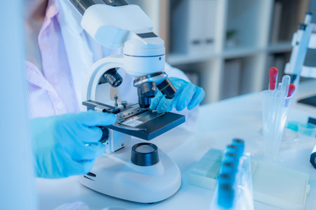 A chemistry researcher in a laboratory surrounded by scientific equipment and test tubes, representing innovation, scientific development, and modern medical research environment.の写真素材