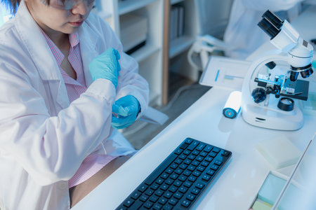 A chemistry researcher in a laboratory surrounded by scientific equipment and test tubes, representing innovation, scientific development, and modern medical research environment.の写真素材