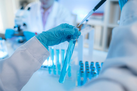 Two female scientists in white lab coats working together in a bright laboratory with microscopes, glassware, and blue test tubes, representing teamwork and modern scientific research environment.の写真素材