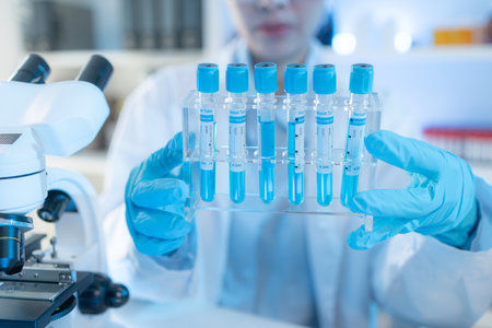 A chemistry researcher in a laboratory surrounded by scientific equipment and test tubes, representing innovation, scientific development, and modern medical research environment.の写真素材