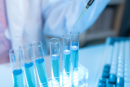 A chemistry researcher in a laboratory surrounded by scientific equipment and test tubes,...
