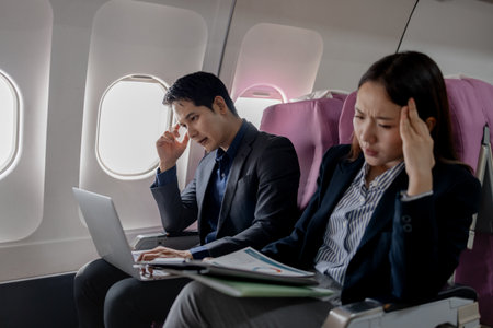 Two stressed Asian business professionals sitting on an airplane, holding their heads in frustration. The man looks at the laptop screen while the woman holds her forehead, showing signs of tension.の写真素材