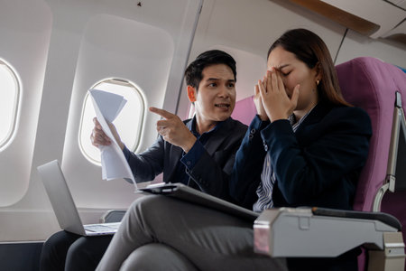 Two Asian business professionals in a heated discussion during a flight. man points at documents with frustration, while the woman covers her ears in stress, sitting in airplane seats with a laptop.の写真素材