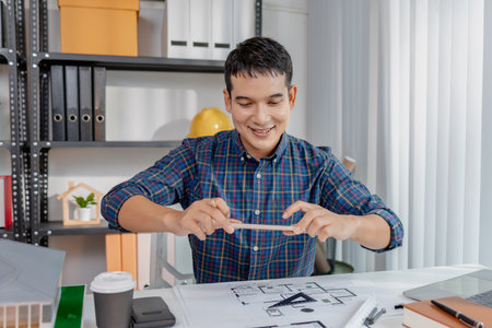 A young architect is multitasking at his desk, sketching blueprints, making phone calls, and reviewing notes. His workspace shows focus, productivity, and modern design work.の写真素材
