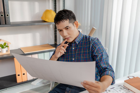 A young architect is working at his desk, reviewing blueprints, using a calculator, and checking a house model. He focuses on precision and detail while planning construction projects.の写真素材
