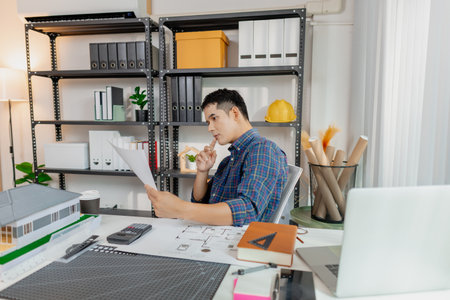 Young male architect working thoughtfully at office desk, analyzing house blueprints and construction plans, reviewing details carefully to ensure accuracy in design and successful project planning.の写真素材
