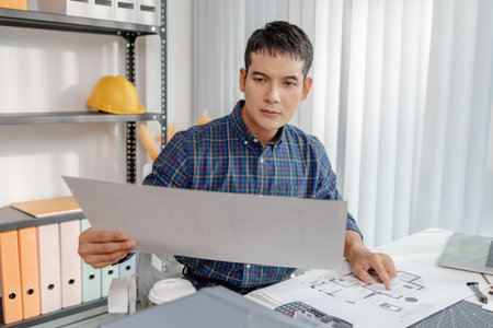 A young architect is working at his desk, reviewing blueprints, using a calculator, and checking a house model. He focuses on precision and detail while planning construction projects.の写真素材