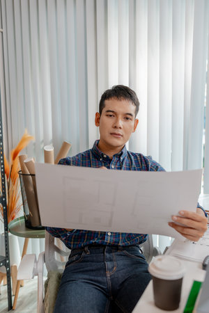A young architect is working at his desk, reviewing blueprints, using a calculator, and checking a house model. He focuses on precision and detail while planning construction projects.の写真素材