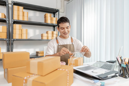 Startup business in ecommerce sector, with young professional managing online trade, packaging...