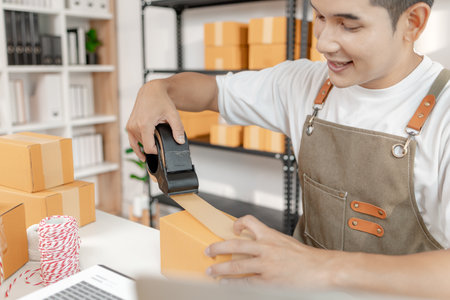 Small business entrepreneur in ecommerce startup, showcasing online retail, packaging process, digital transformation, and innovative trade solutions for global marketplace success.の写真素材