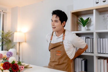 A smiling man wearing an apron arranges colorful flowers in a vase on a table in a cozy room. He...