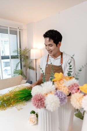 A smiling man wearing an apron arranges colorful flowers in a vase on a table in a cozy room. He appears focused and content while creating a beautiful floral arrangement as part of his work.の写真素材