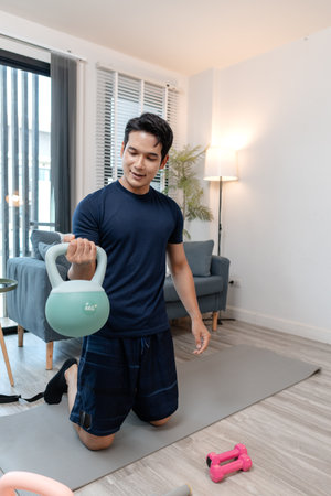 A young man exercising at home in a cozy living room, focusing on his health and fitness. He enjoys...