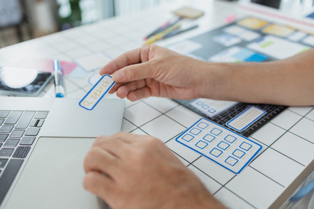 A male designer focused on UX UI tasks, creating app prototypes with wireframes, sketches, and color...