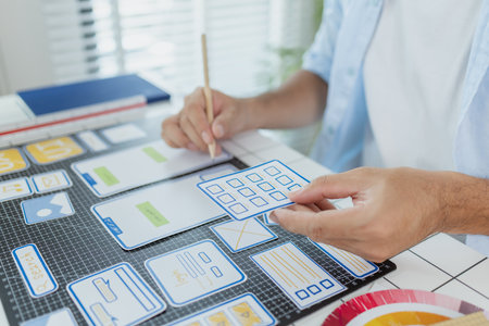 A designer is developing UX UI layouts, reviewing mobile app prototypes, and arranging interface...