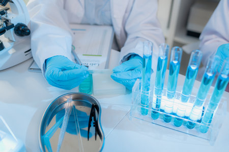 Two chemists in white lab coats working together in a modern laboratory surrounded by scientific equipment, computers, and glassware, representing teamwork in scientific research.の写真素材