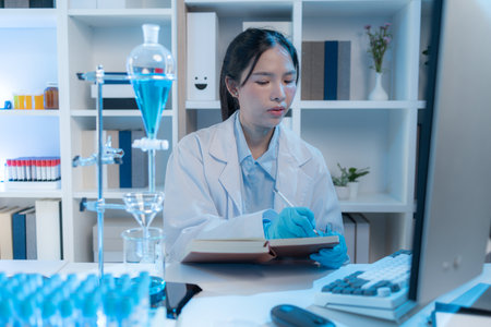 A chemistry researcher in a laboratory surrounded by scientific equipment and test tubes, representing innovation, scientific development, and modern medical research environment.の写真素材