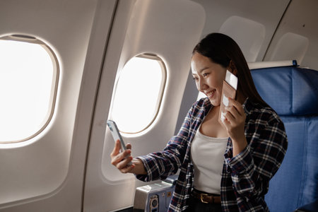Smiling Asian woman sitting on an airplane holding a passport and boarding pass while taking a selfie with her smartphone. She looks excited and joyful during her flight journey.の写真素材