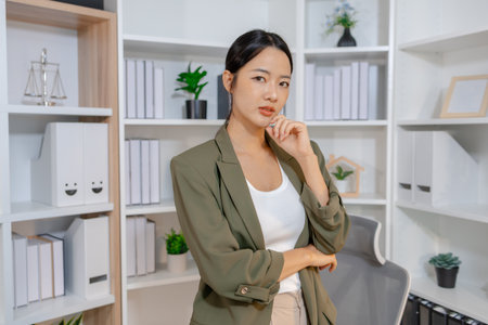 Businesswoman working independently in an office setting, focusing on planning and daily responsibilities, showing commitment, professionalism, and a balanced working lifestyle.の写真素材