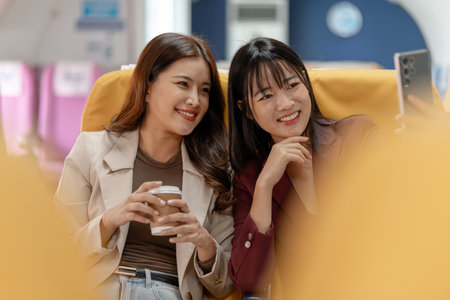 Two women sit side by side on an airplane, reviewing documents together with focused smiles,...