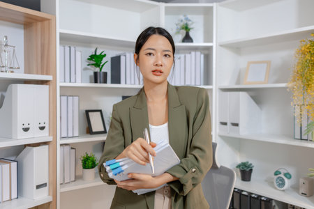 Young businesswoman working in a modern office, reviewing information and focusing on daily tasks with a professional mindset, representing productivity, responsibility, and modern corporate lifestyleの写真素材